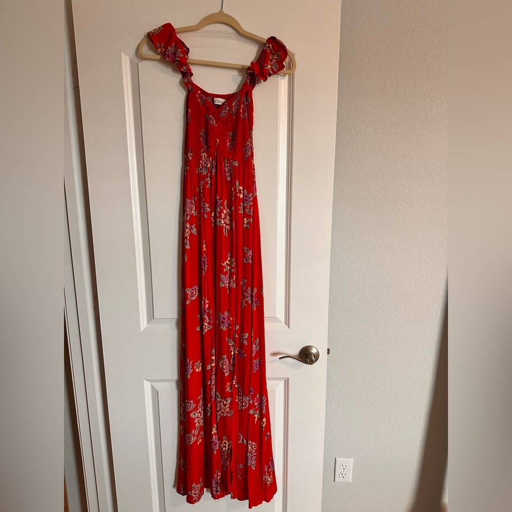 Tire Hawaii Red Floral Maxi dress with Lavender and Cream Blooms